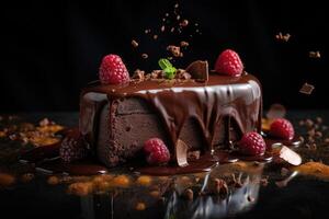 Traditional homemade chocolate cake sweet pastry dessert with brown icing, cherries, raspberry, currant on vintage wooden background. Dark food photo, rustic style, natural light. . photo