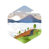 Vector illustration of a beautiful dark blue mountain landscape, trees, sunny clouds, plantations, vehicles.