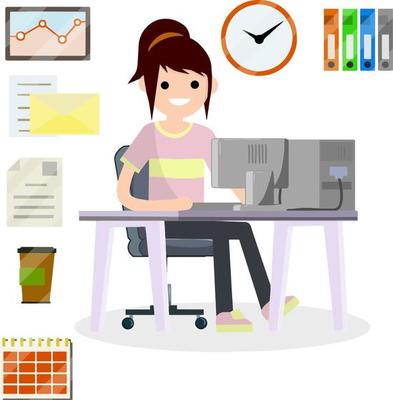 Man sitting at computer in office. Cartoon flat illustration. Work with PC. Set for business work-schedule, hours, file documents, letter, coffee, calendar. Company employee and office items