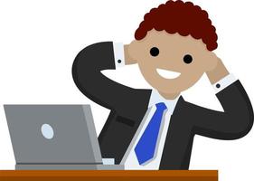 Successful businessman in suit. Gesture with hand behind head. Rest at work with computer on table. Happy man in tie. Business or pleasure. Cartoon flat illustration vector