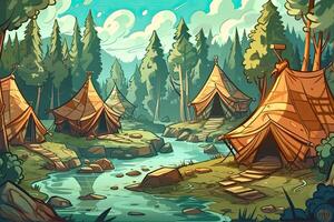 Summer forest or mountain tourist campground or campsite with tents and fireplace, flat cartoon vector illustration. Summer backpackers camping background. Generative Ai. photo