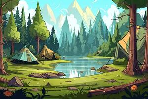 Summer forest or mountain tourist campground or campsite with tents and fireplace, flat cartoon vector illustration. Summer backpackers camping background. . photo