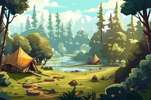 Summer forest or mountain tourist campground or campsite with tents and fireplace, flat cartoon vector illustration. Summer backpackers camping background. . photo