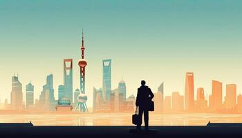 Businessman standing looking Shanghai city view, flat illustration background. . photo