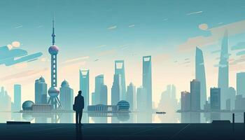 Businessman standing looking Shanghai city view, flat illustration background. . photo