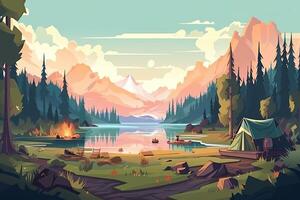 Summer forest or mountain tourist campground or campsite with tents and fireplace, flat cartoon vector illustration. Summer backpackers camping background. . photo