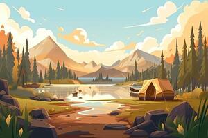 Summer forest or mountain tourist campground or campsite with tents and fireplace, flat cartoon vector illustration. Summer backpackers camping background. . photo