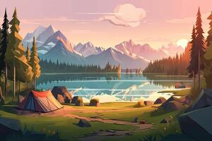 Summer forest or mountain tourist campground or campsite with tents and fireplace, flat cartoon vector illustration. Summer backpackers camping background. . photo