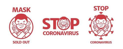 STOP CORONAVIRUS and MASK SOLD OUT icon, a man wearing face mask and making no hand sign vector