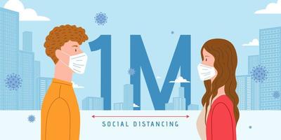 Social distancing during coronavirus outbreak with man and woman stay at least 1 meter from each others, blue tone skyscrapers background vector