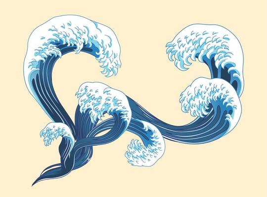 Ukiyo-e style splashing wave elements on light yellow background