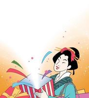 Ukiyo-e style woman holding open gift box and surprised by sparking light, copy space for design use vector