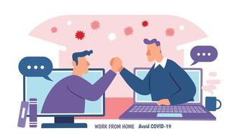 Two men greeting each other through computer screen during COVID-19 outbreak, work from home concept flat design vector