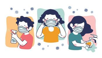 COVID-19 prevention illustration, washing hands properly, using alcohol spray and wearing face mask vector