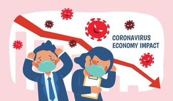 Job seekers affected by coronavirus, upset people and decline arrow surrounded by virus vector