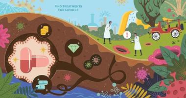 Scientists keep searching new treatments for COVID-19 in beautiful garden, flat design conceptual illustration with giant capsules and pills hiding underground vector