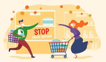 Concept of panic buying during COVID-19 outbreaks, with a man and a woman rushing to grab the last toilet paper roll on shelf vector