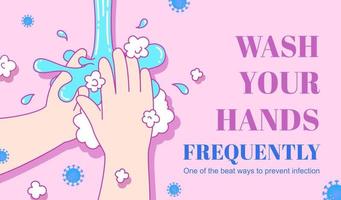 Wash your hands frequently with soap on light purple background, COVID-19 prevention vector