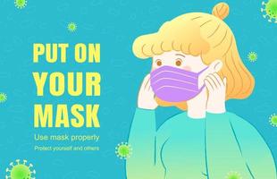 linda niña poner en su púrpura protector máscara a evitar coronavirus en plano ilustración en turquesa fondo, covid-19 prevención vector