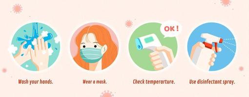 Four simple ways to prevent coronavirus including wash hands, wear a mask, check temperature and use disinfectant spray, COVID-19 prevention flat illustration banner vector