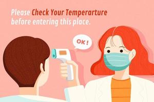 Man being checked his body temperature before entering the place, COVID-19 prevention flat illustration vector