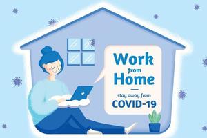 Top knot bun girl working from home to stay away from COVID-19, blue tone illustration vector