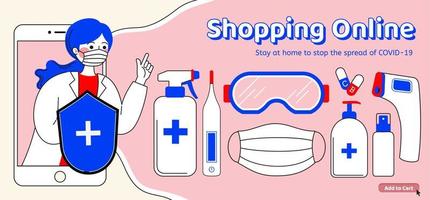 Shopping prevention supplies online banner, pink and blue tone illustration vector