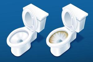 3d illustration comparison of two toilet bowls on blue background, before and after applying detergent cleaner vector