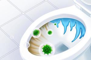 Closeup look at 3d illustration toilet bowl, part of it remains yellow stains and green virus in bubble floating in the air vector