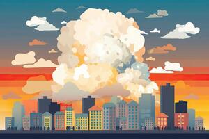 The explosion of the nuclear bomb. End of world illustration. Nuclear war threat concept. A modern nuclear bomb explosion over a small city. photo