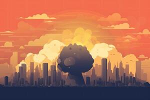 The explosion of the nuclear bomb. End of world illustration. Nuclear war threat concept. A modern nuclear bomb explosion over a small city. photo