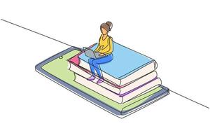 Continuous one line drawing female college student sitting on pile of books while typing on laptop on smartphone. Learning online education concept. Single line draw design vector graphic illustration