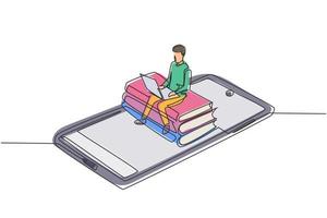 Single continuous line drawing male college student sitting on pile of books while typing on laptop on smartphone. Online education concept. Dynamic one line draw graphic design vector illustration