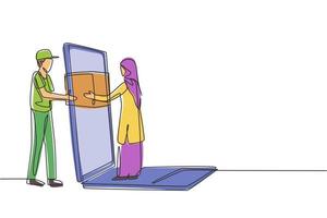 El mensajero masculino de dibujo de línea continua única entrega el paquete de la caja, a través de la pantalla de la computadora portátil, a la clienta hijab. servicio de entrega online. Ilustración de vector de diseño gráfico de dibujo de una línea dinámica