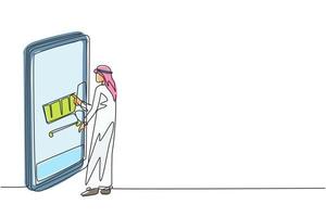 Single one line drawing of young Arab man shopping through smartphone screen with shopping cart. E-commerce, digital lifestyle concept. Modern continuous line draw design graphic vector illustration