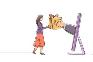 Single one line drawing young woman receives package box from large monitor screen and hands it over. E-shop, digital delivery concept. Modern continuous line draw design graphic vector illustration