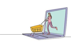 Continuous one line drawing young woman coming out of laptop screen pushing a shopping cart. Sale, digital lifestyle, consumerism people concept. Single line draw design vector graphic illustration