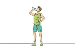 Single continuous line drawing young man standing and drinking fresh water from a bottle with his right hand after exercising. Healthy lifestyles. One line draw graphic design vector illustration