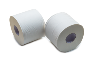två rullar av vit vävnad papper eller servett för använda sig av i toalett eller toalett isolerat med klippning väg och skugga i png formatera