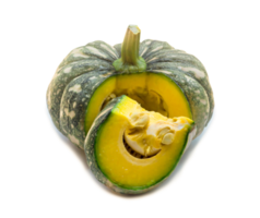Green pumpkin with strange pattern and slice isolated with clipping path and shadow in png format