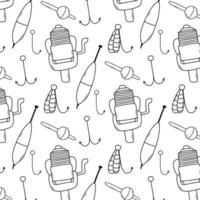 Seamless pattern with fishing tackle. Fisherman print. Vector illustration. Doodle style. Pattern with linear floats, hooks.