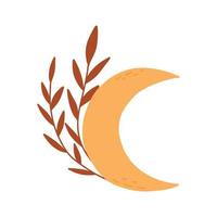 Moon with leaves in boho style. Vector illustration. Month with branches isolated on white background. Flat style.