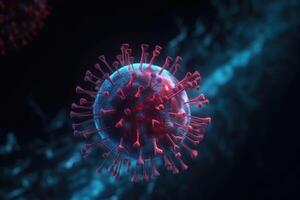 microscopio de cerca de el coronavirus covid-19 enfermedad. 2019-ncov extensión en cuerpo celúla. 3d representación de el bacterias en un microscópico nivel. generativo ai foto