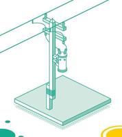 isométrica eléctrico polo secundario alto voltaje poder línea. eléctrico transformador en pilón. contorno concepto aislado en blanco antecedentes. vector