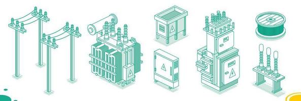 Isometric Electrical Transformer Set. Outline Energy Objects. High-Voltage Power Substation Isolated on White. vector