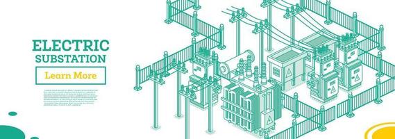 Isometric Energy Substation. Electric Transformer. Outline Concept. Vector Illustration. Green Color. Part of Distribution Chain.