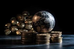 Globe and stack with coins. Money makes the world go round. photo