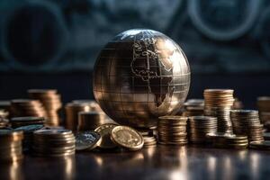 Globe and stack with coins. Money makes the world go round. photo