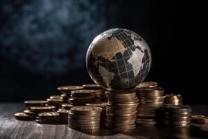 Globe and stack with coins. Money makes the world go round. photo