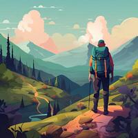illustration on the theme of Climbing, Trekking, Hiking, and Walking. Sports, outdoor recreation, adventures in nature, vacation. Wanderlust. Downshifting. Modern flat design. Generative Ai photo